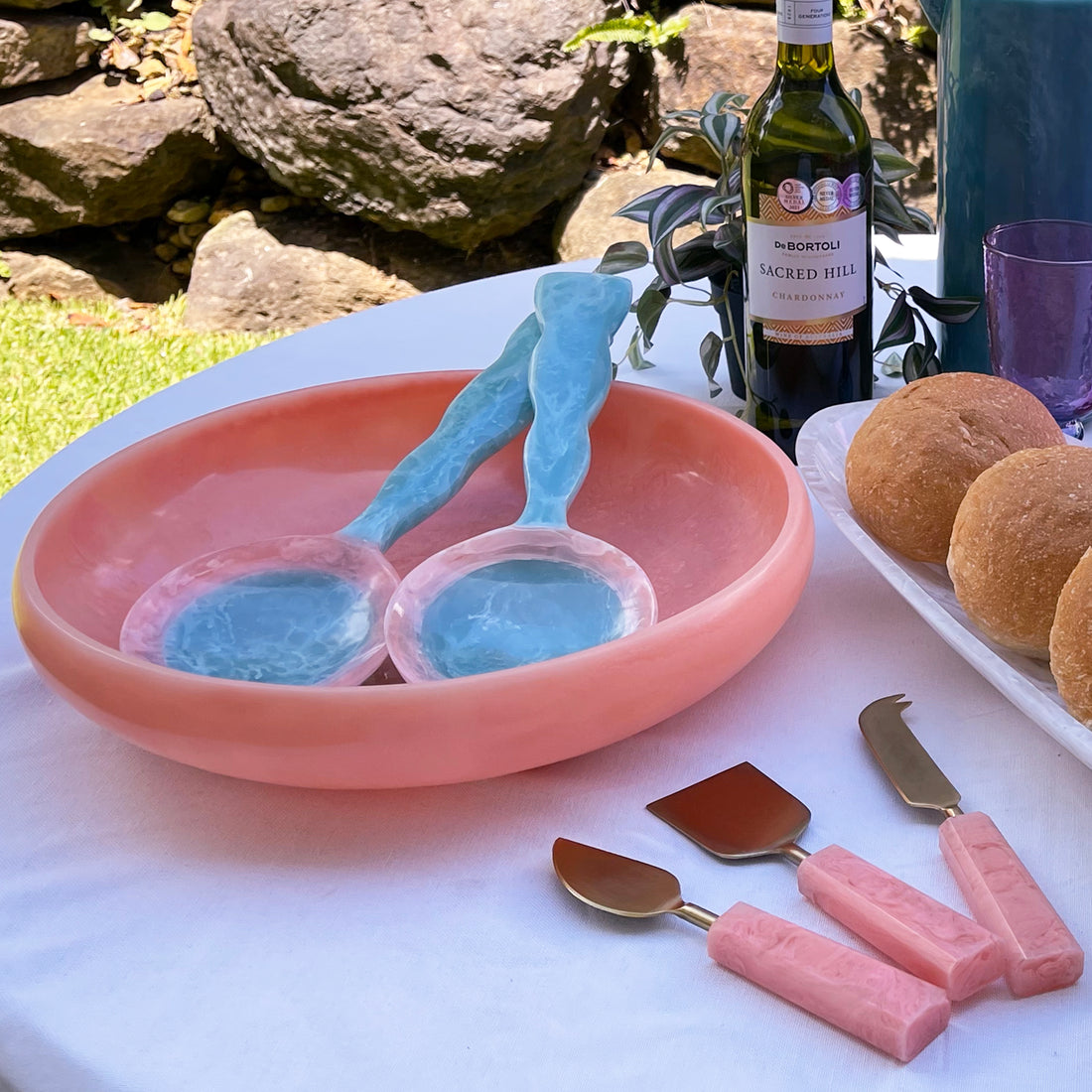 Athena Salad Servers - Blue with Pink