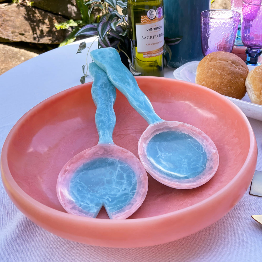 Athena Salad Servers - Blue with Pink