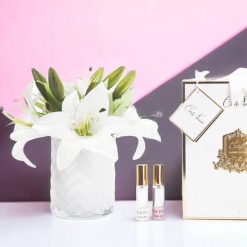Cote Noire White Herringbone with White Lilies and Roses