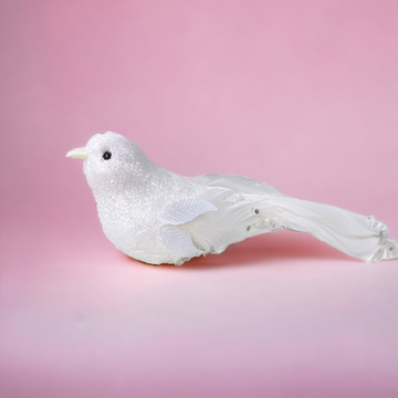 Tree Decoration - White Sparkle Clip Bird with Feather Tail
