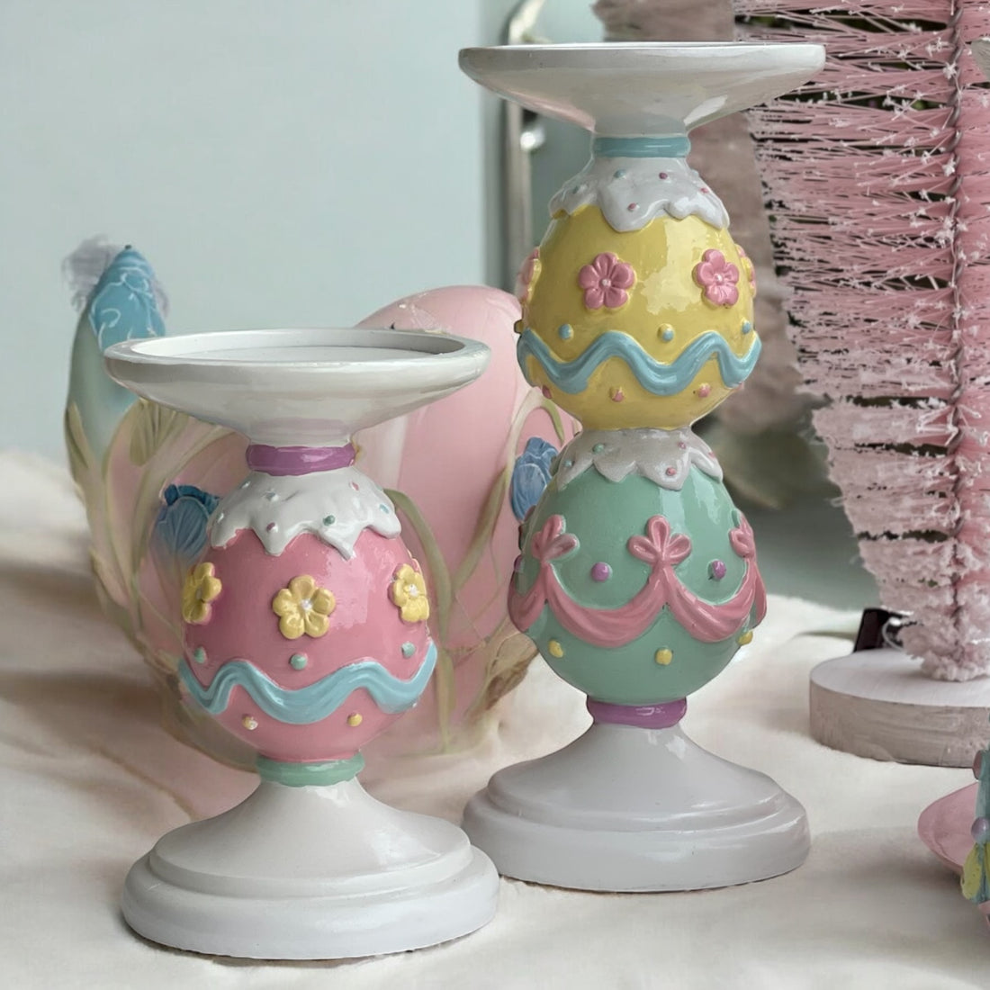 22cm Pastel Piped Double Egg Candle Holder
