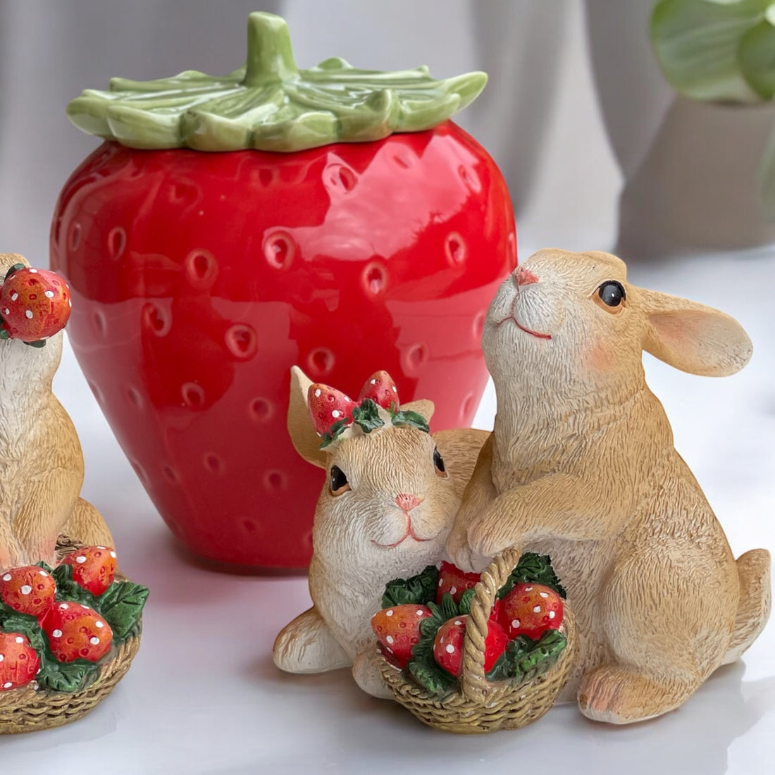 Cuddling Rabbits with Strawberry Basket