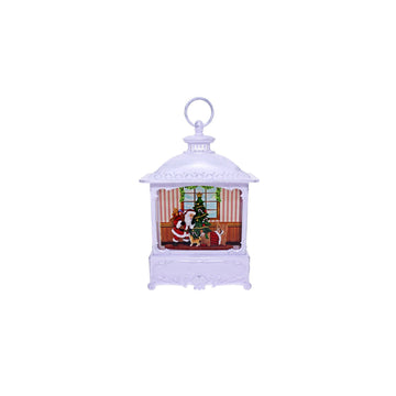 White Lantern with LED Lights and Santa Beside the Christmas Tree