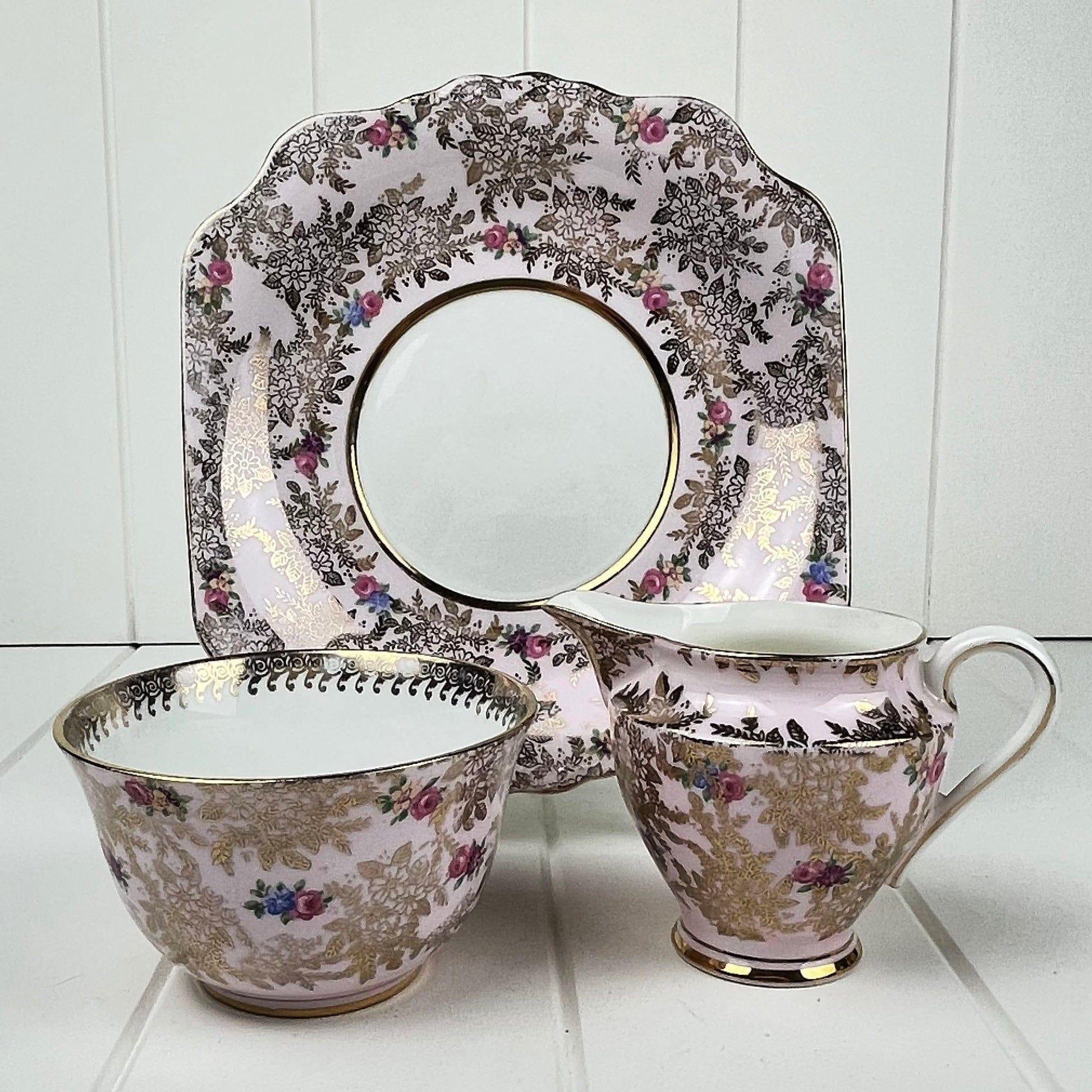 Royal Albert Bone China Colclough Pink and Gold Chintz Cake Plate, Sugar and Creamer Set