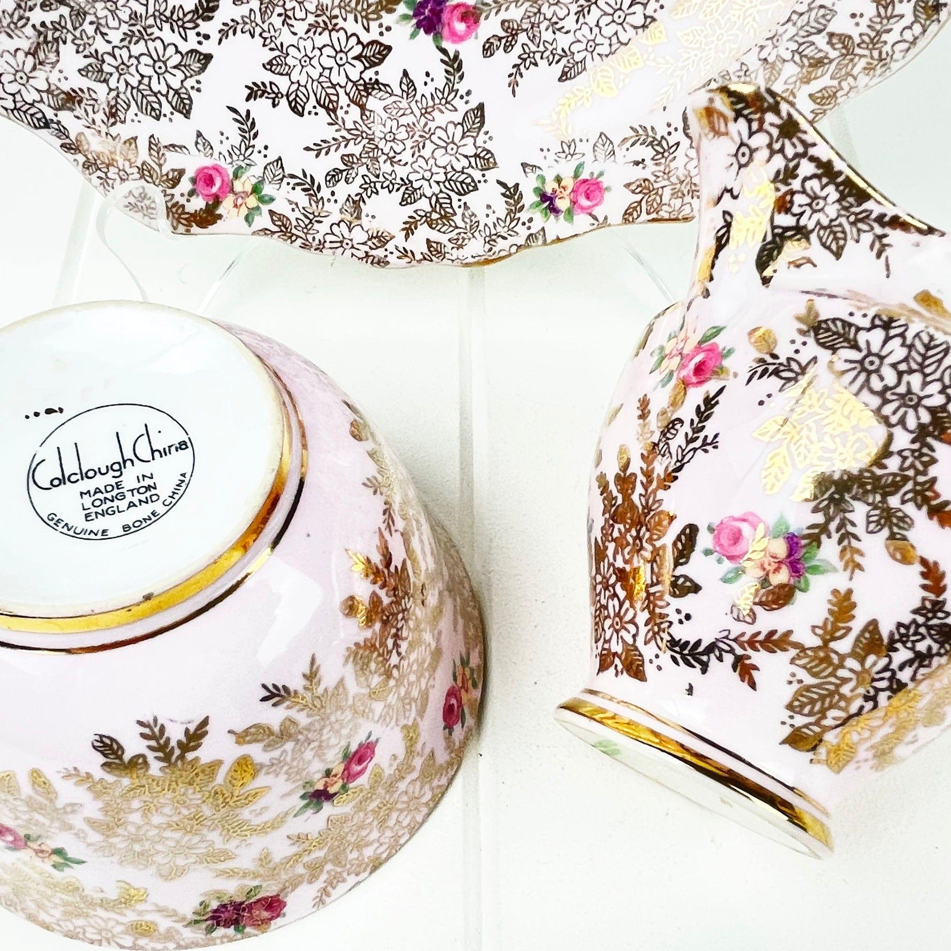 Royal Albert Bone China Colclough Pink and Gold Chintz Cake Plate, Sugar and Creamer Set