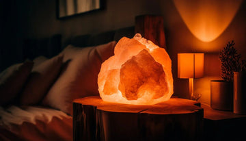 Glowing Himalayan salt lamp on wooden nightstand in cozy bedroom, warm ambient lighting for home decor