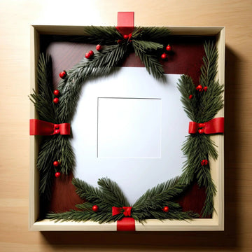 Festive pine wreath photo frame with red berries and bows, perfect for holiday home decor