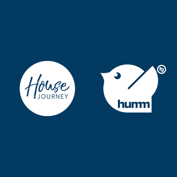 House Journey and humm logos on dark blue background for home decor financing