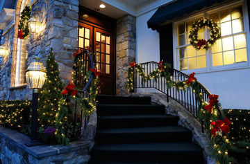 Festive Christmas front porch with twinkling lights, red bows, wreaths, and garlands on stone steps and railing