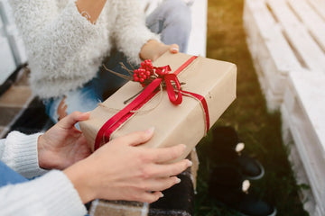 Hand holding a rustic gift box with red ribbon and berries, perfect for home decor gifting.