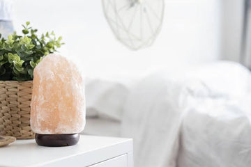 Himalayan salt lamp on white nightstand beside green plant, soft ambient lighting for cozy bedroom decor