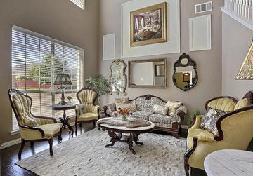 Elegant living room with vintage sofa, armchairs, and ornate mirrors for home decor inspiration