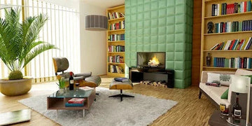 Stylish living room with green fireplace, bookshelves, and modern decor for home inspiration