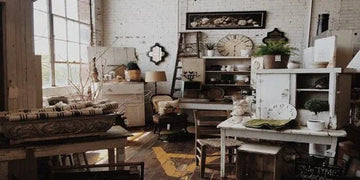 Rustic home decor with vintage furniture, plants, and wall art in a cozy, sunlit room