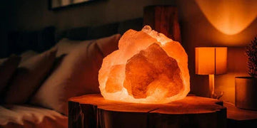 Glowing Himalayan salt lamp on wooden nightstand in cozy bedroom, warm ambient lighting decor