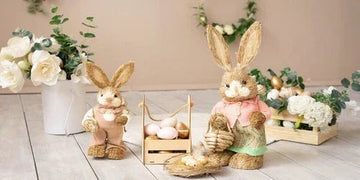 Charming Easter bunny figurines with eggs and floral decor for spring home styling