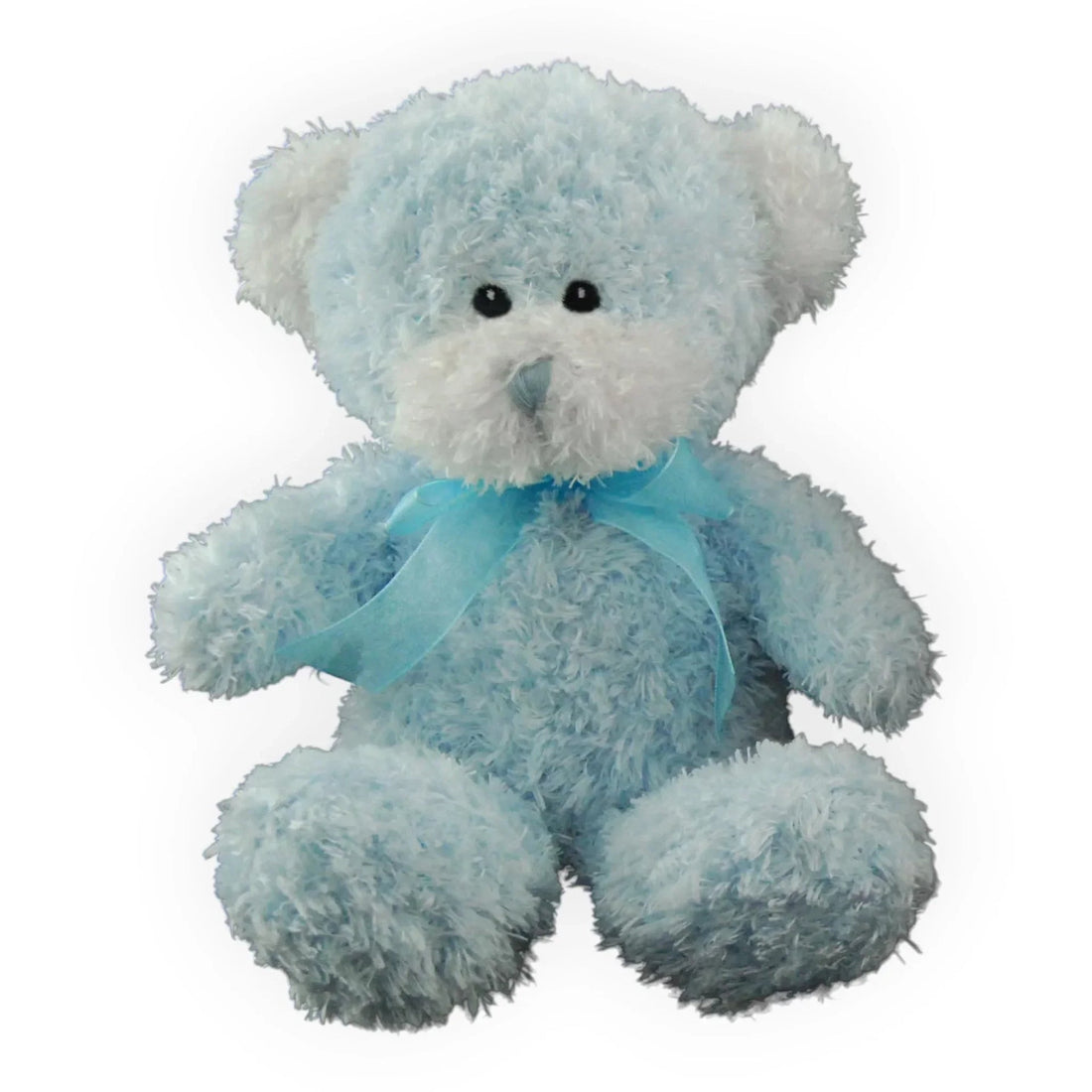 Soft blue plush teddy bear with ribbon bow, perfect for nursery décor or baby gift