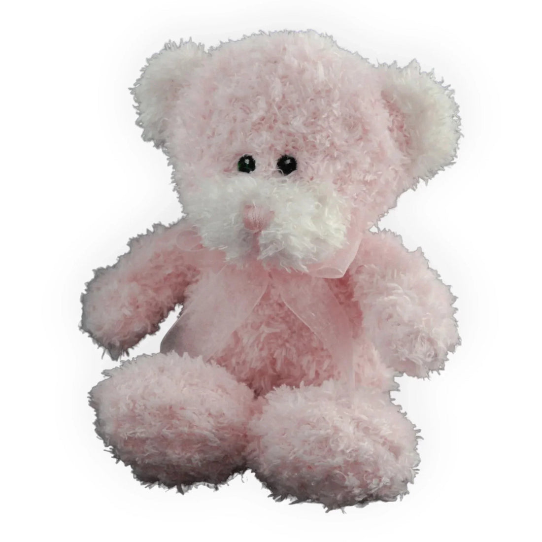 Soft pink plush teddy bear with white accents and ribbon, perfect for home décor or gift