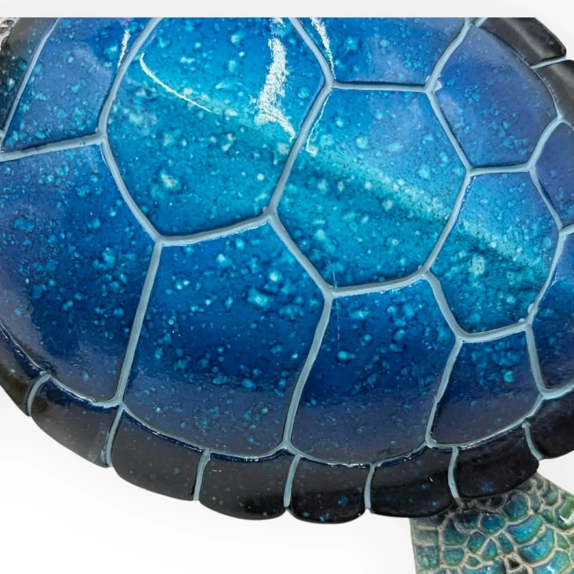 Blue mosaic turtle shell decor, coastal home accent with textured ceramic tiles