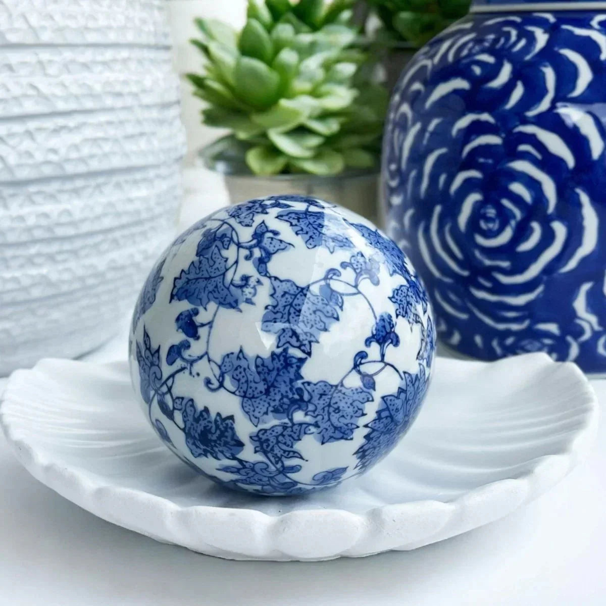 Blue and white decorative ceramic ball with floral pattern, Exquisite Homewares décor accent