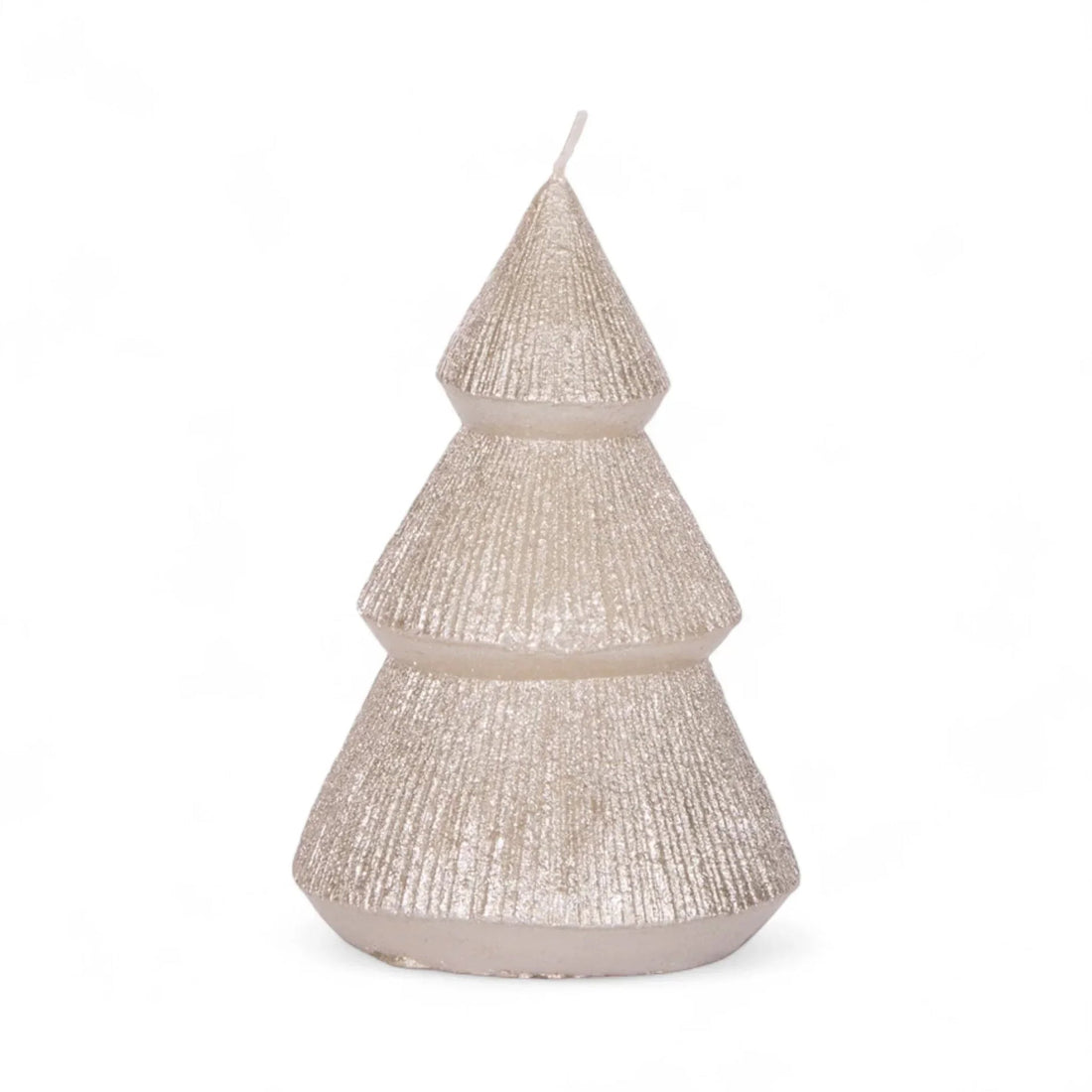 Glittery silver Christmas tree candle, festive holiday decor for home ambiance