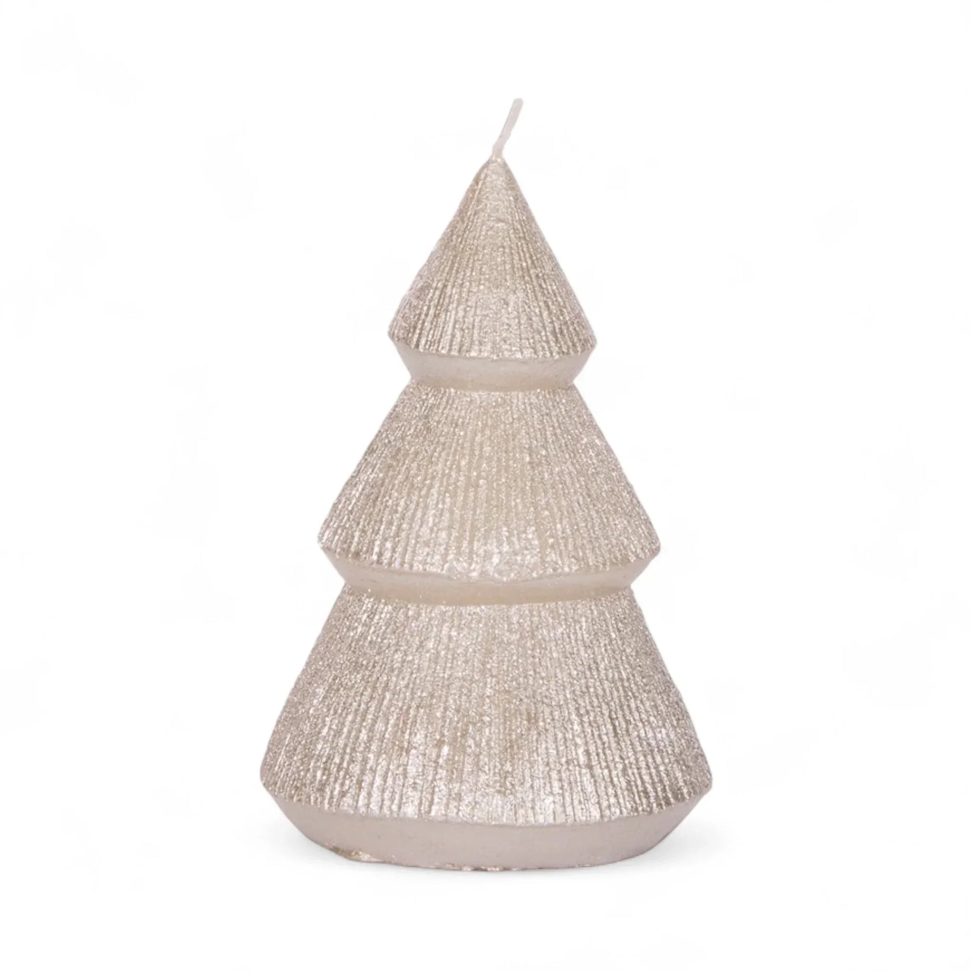 Glittery silver Christmas tree candle, festive holiday decor for home ambiance