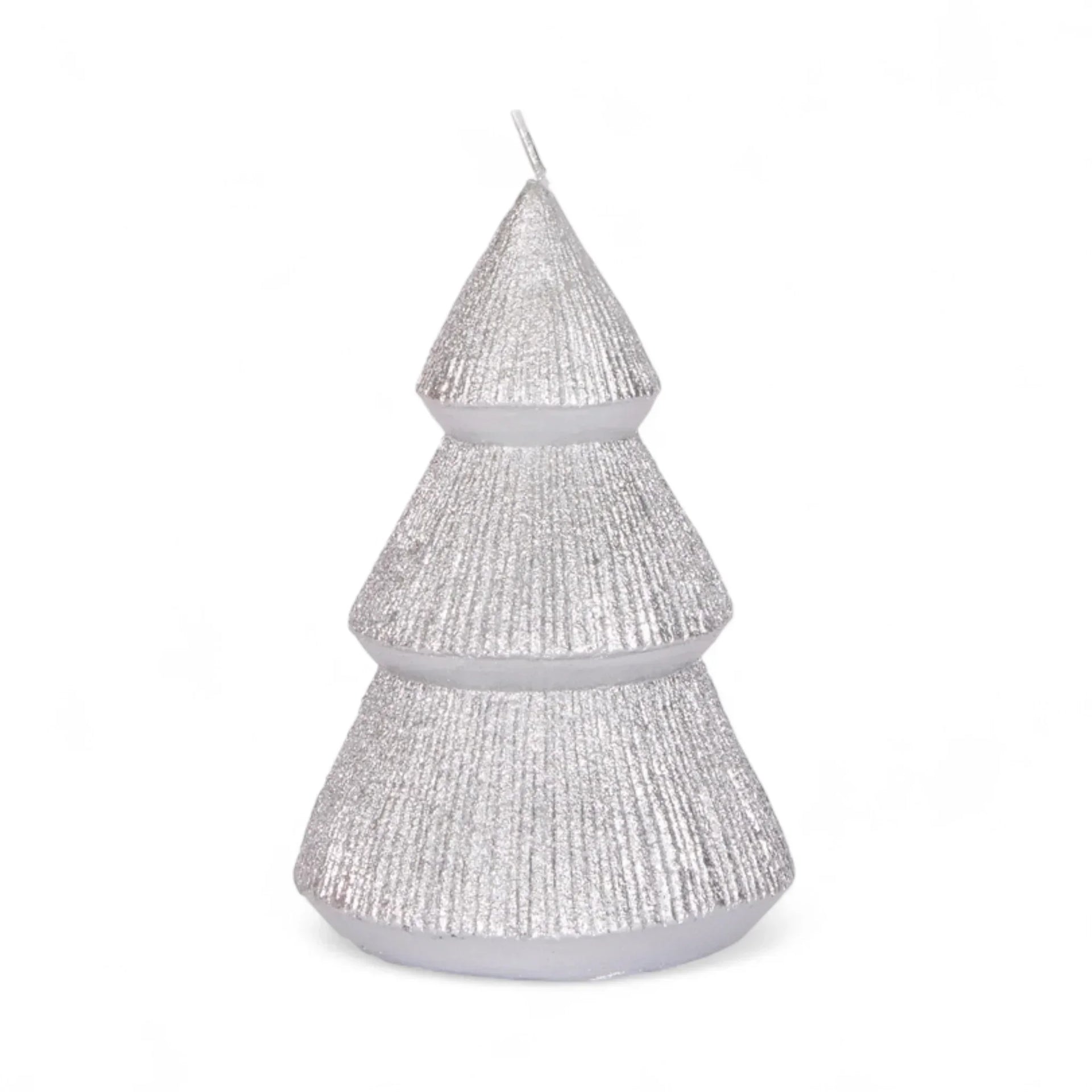 Silver glitter Christmas tree candle, festive home décor accent with textured tiers