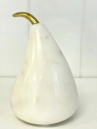 White marble pear sculpture with gold stem, elegant home décor accent piece