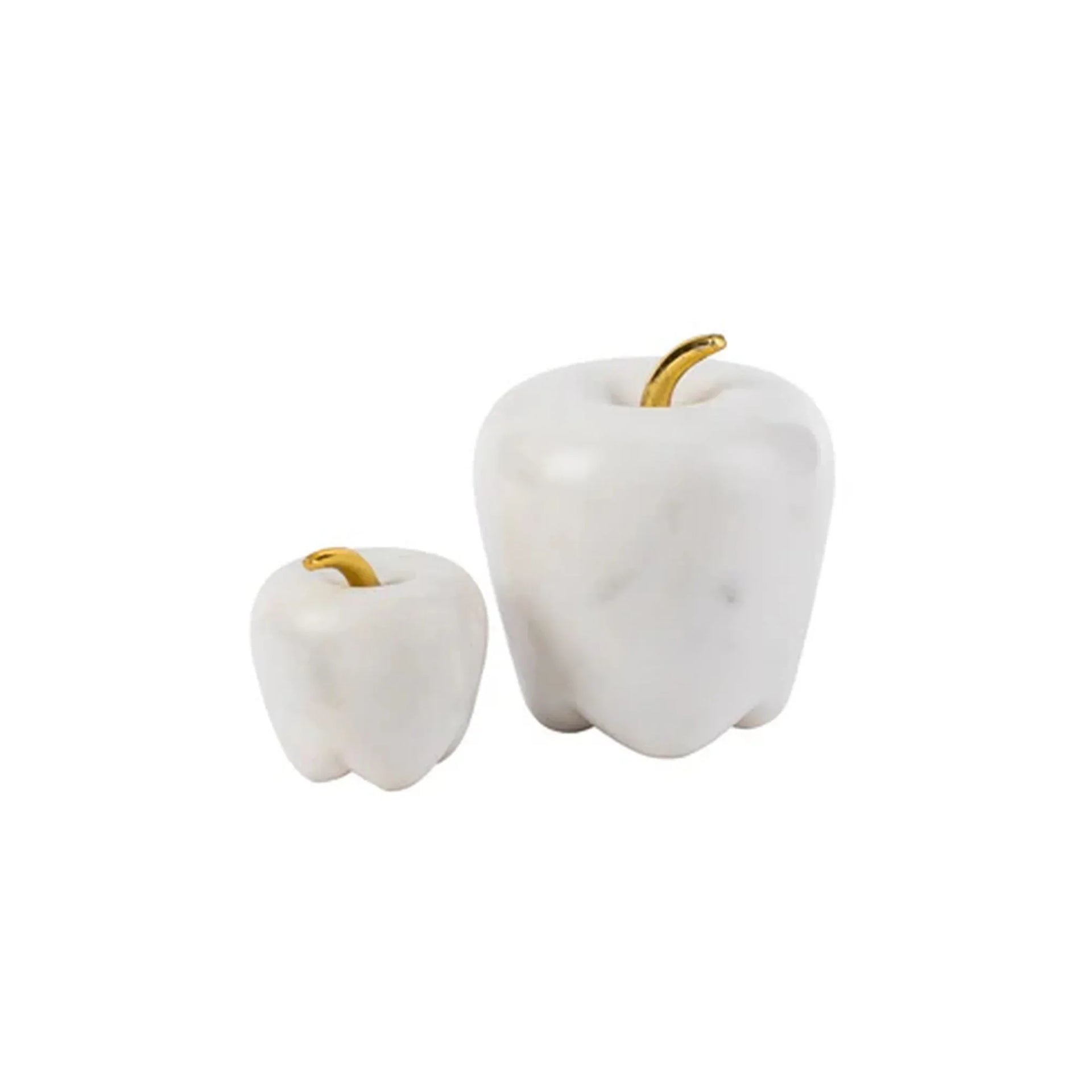 White marble apple sculptures with gold stems, elegant home decor accents