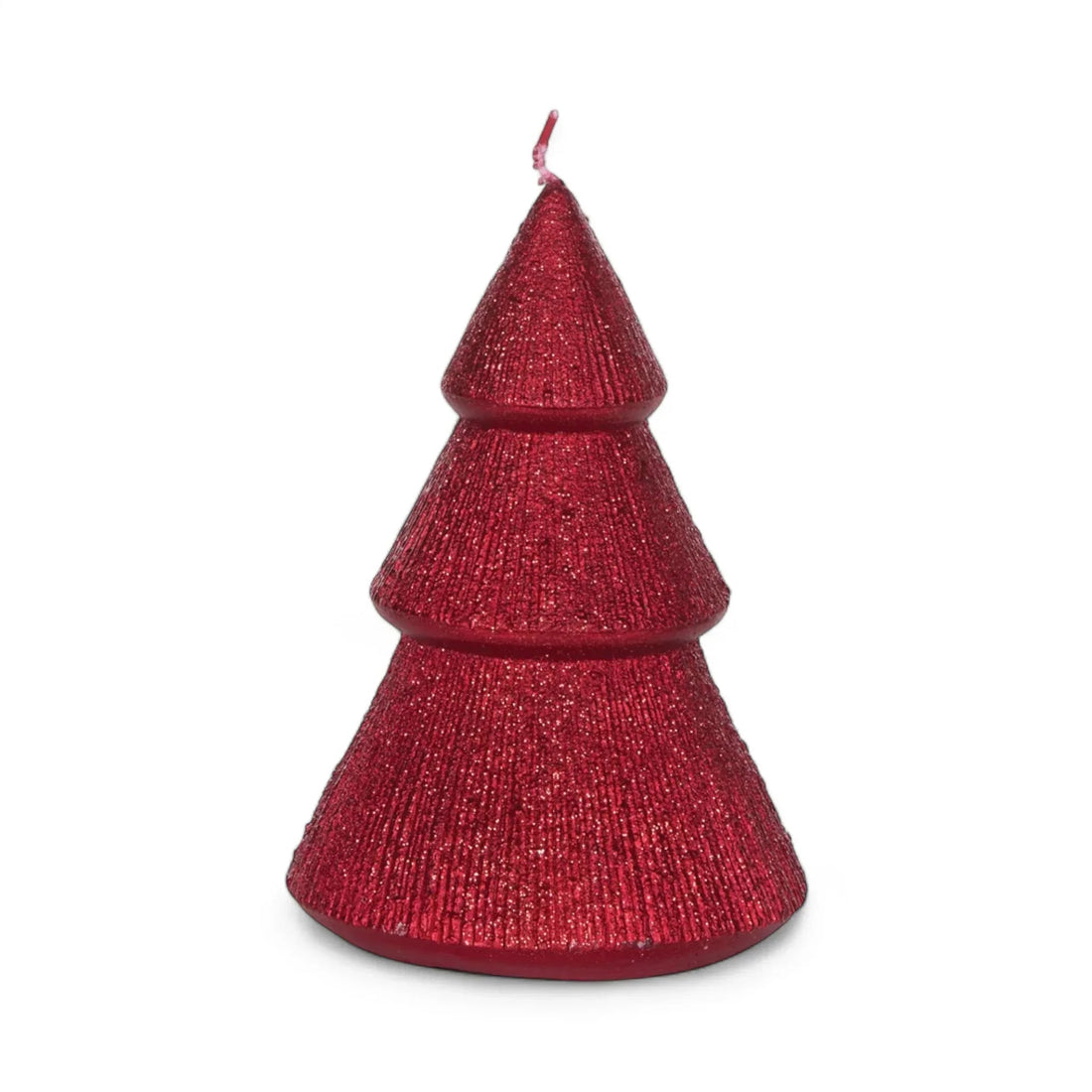 Sparkling red Christmas tree candle, festive holiday home décor with glittery texture