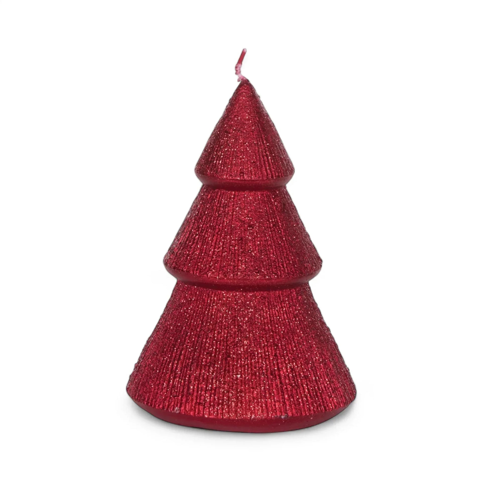 Sparkling red Christmas tree candle, festive holiday home décor with glittery texture