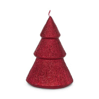 Sparkling red Christmas tree candle, festive holiday home décor with glittery texture