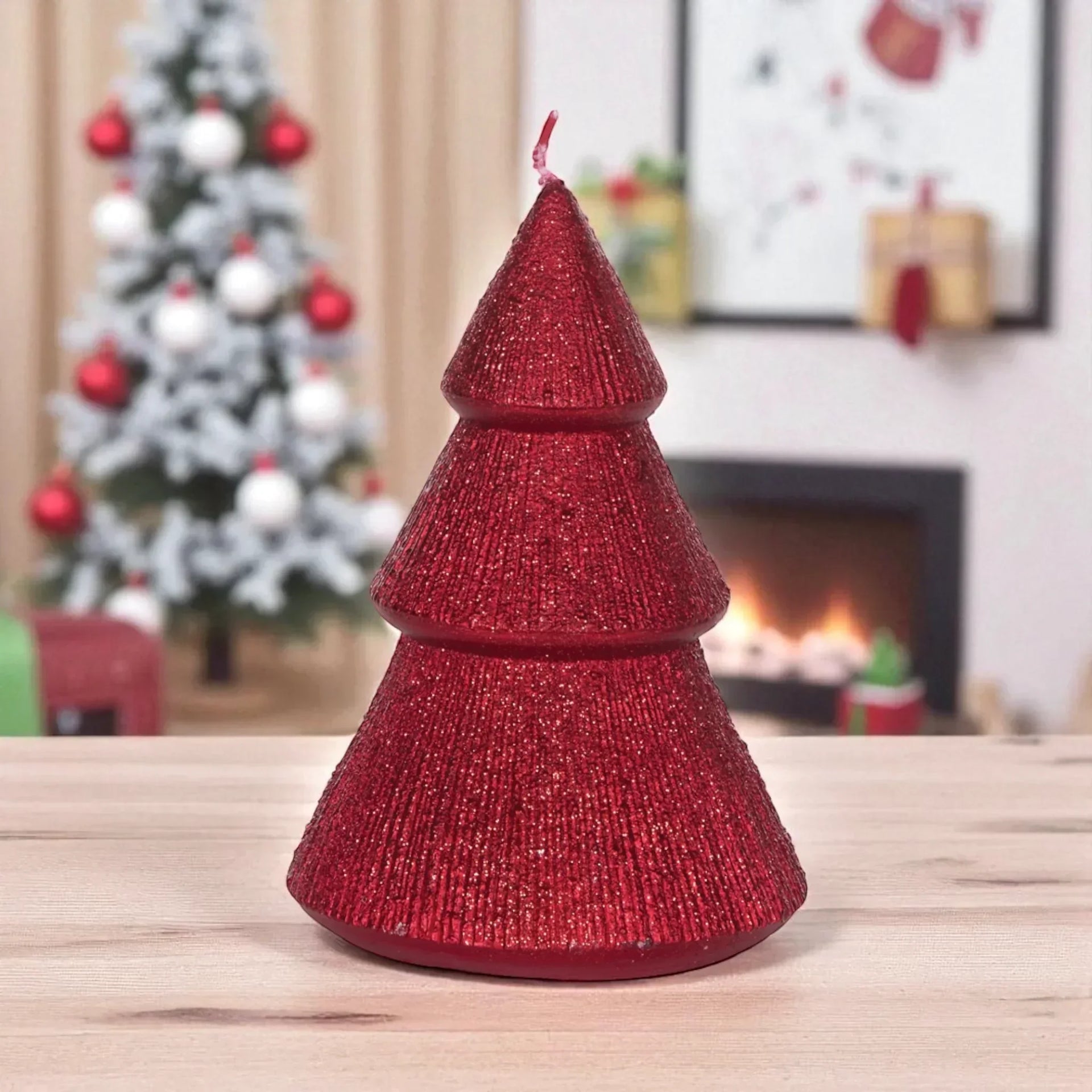 Red glitter Christmas tree candle for festive home décor, holiday ambiance