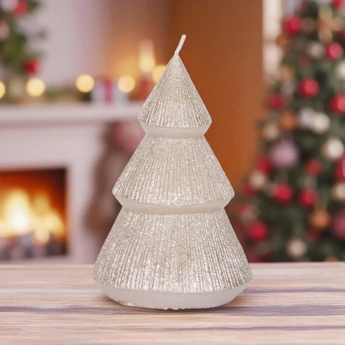 Sparkling silver Christmas tree candle for festive holiday home décor, perfect for Christmas celebrations