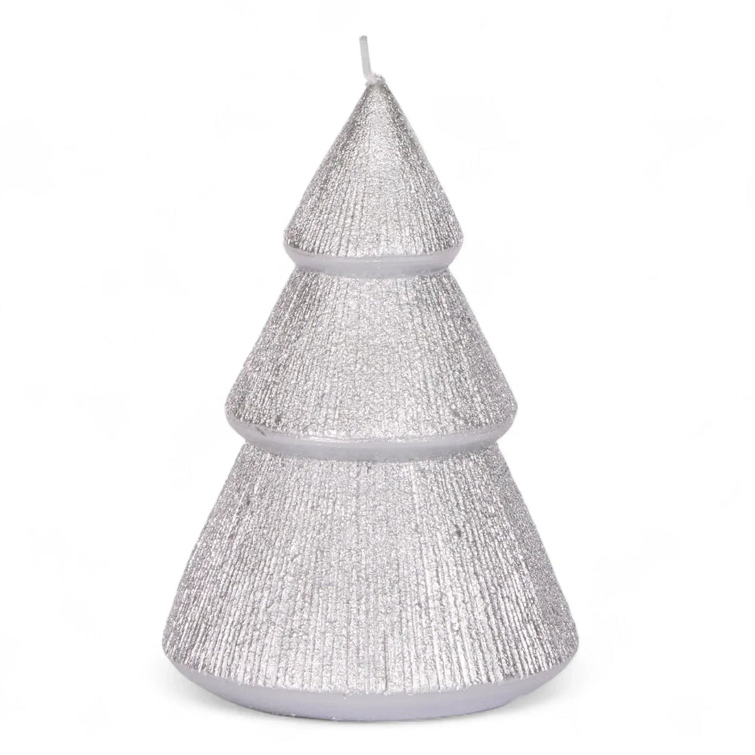 Silver glitter Christmas tree candle for festive home décor and holiday ambiance