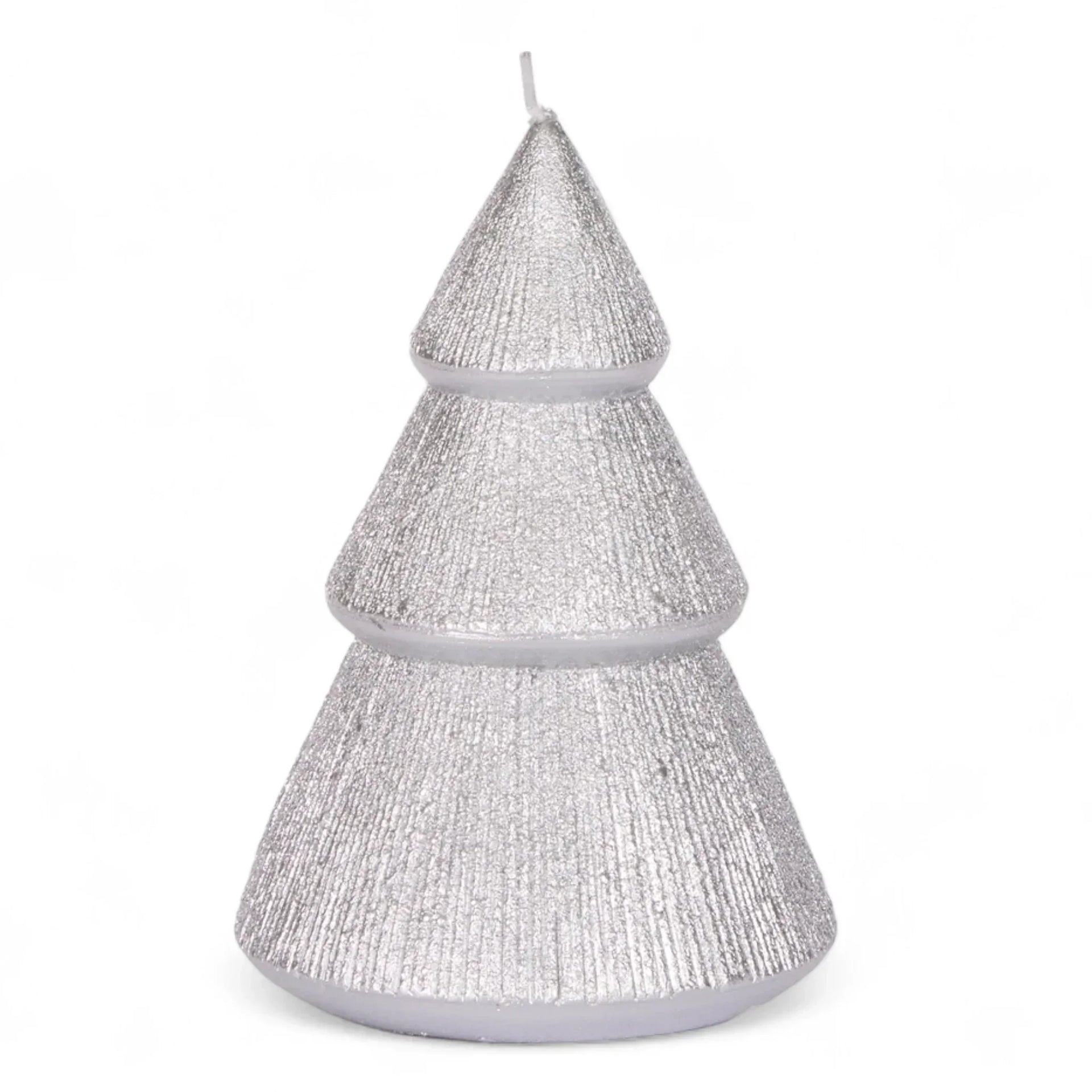 Silver glitter Christmas tree candle for festive home décor and holiday ambiance