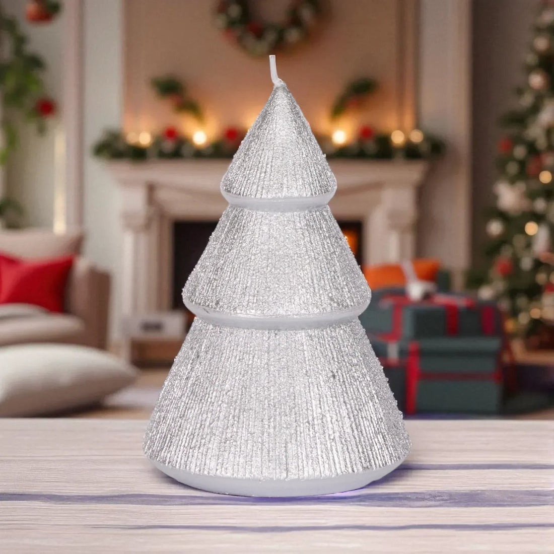 Sparkling silver Christmas tree candle for festive home décor, perfect holiday centerpiece