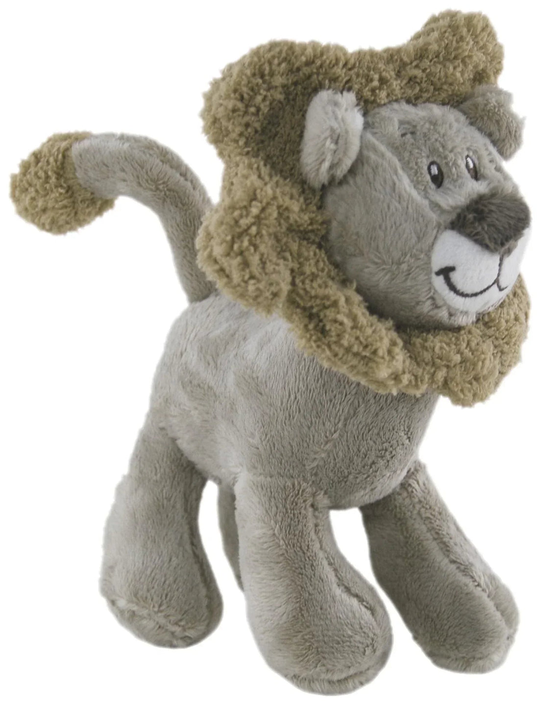 Soft grey plush lion with tan mane, perfect for kids' room decor or nursery accent