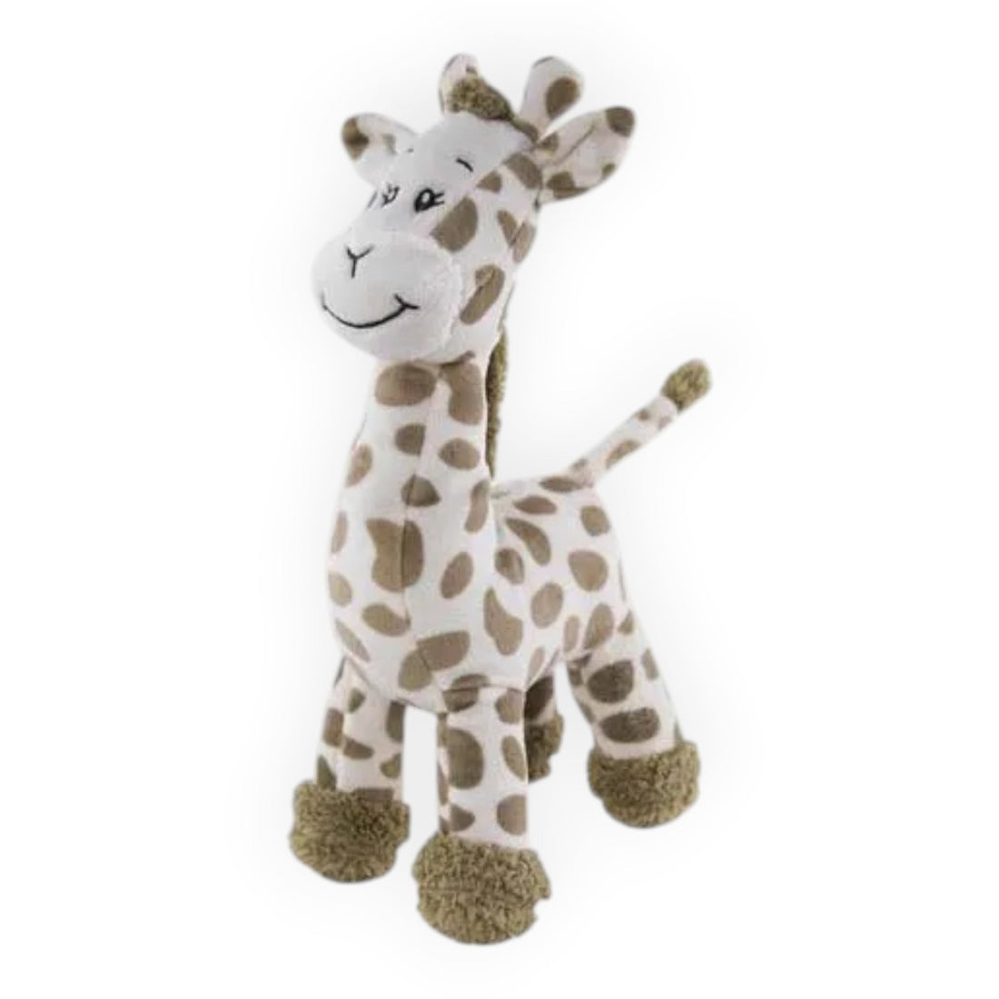 A plush giraffe toy with a cream-colored body, brown spots, and a smiling face, photographed against a solid white background.