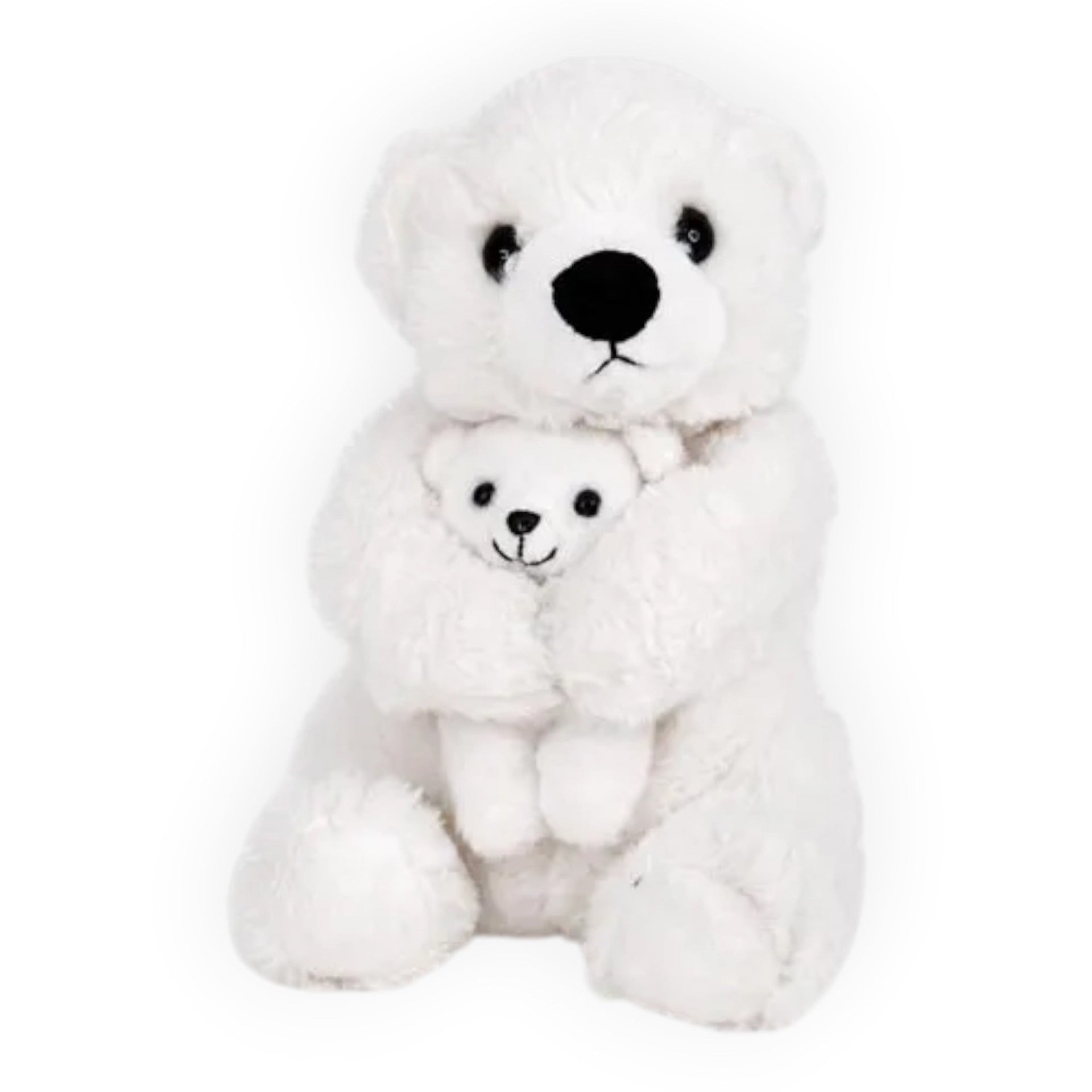 A white plush polar bear toy sitting and holding a smaller matching polar bear cub, photographed on a plain white background.