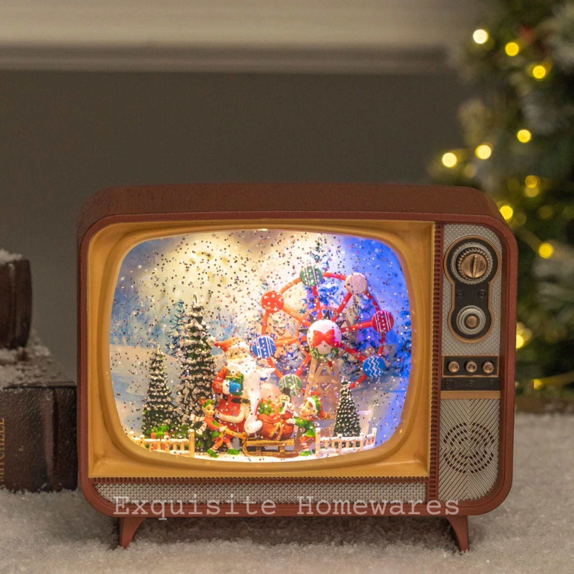Musical Retro Television Lighted Snow Globe with Santa Ferris Wheel - 20.8x12x17cm