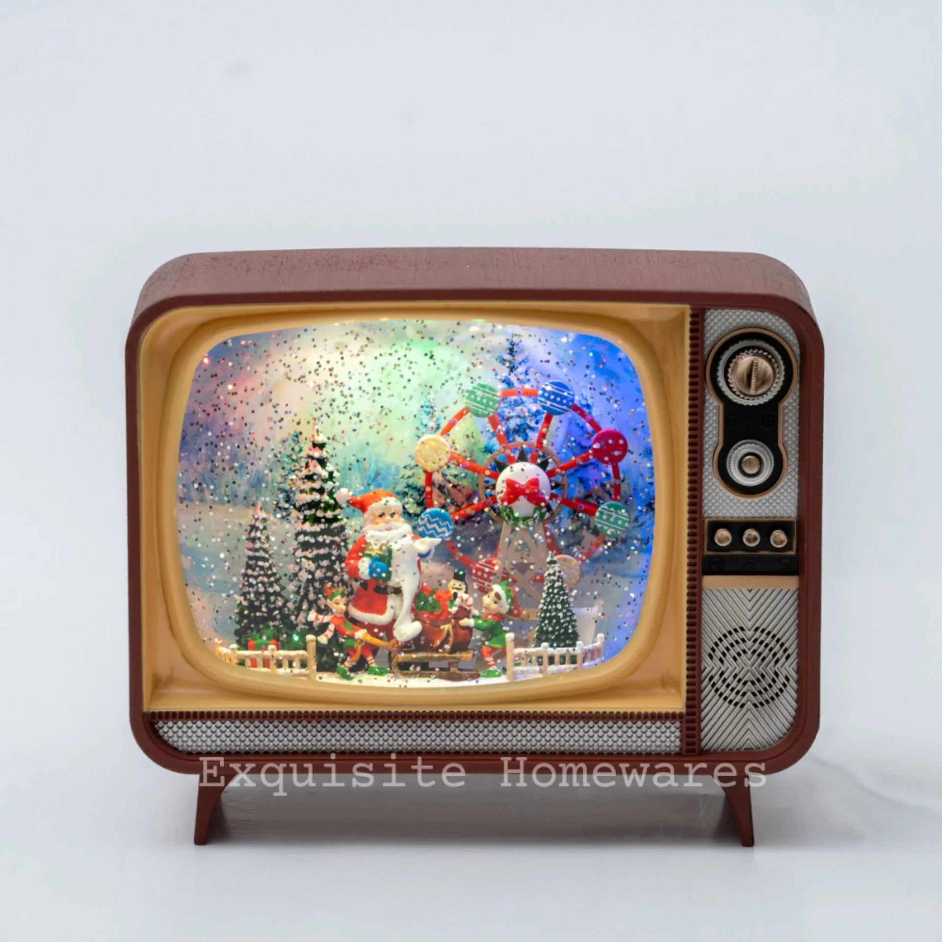 Musical Retro Television Lighted Snow Globe with Santa Ferris Wheel - 20.8x12x17cm