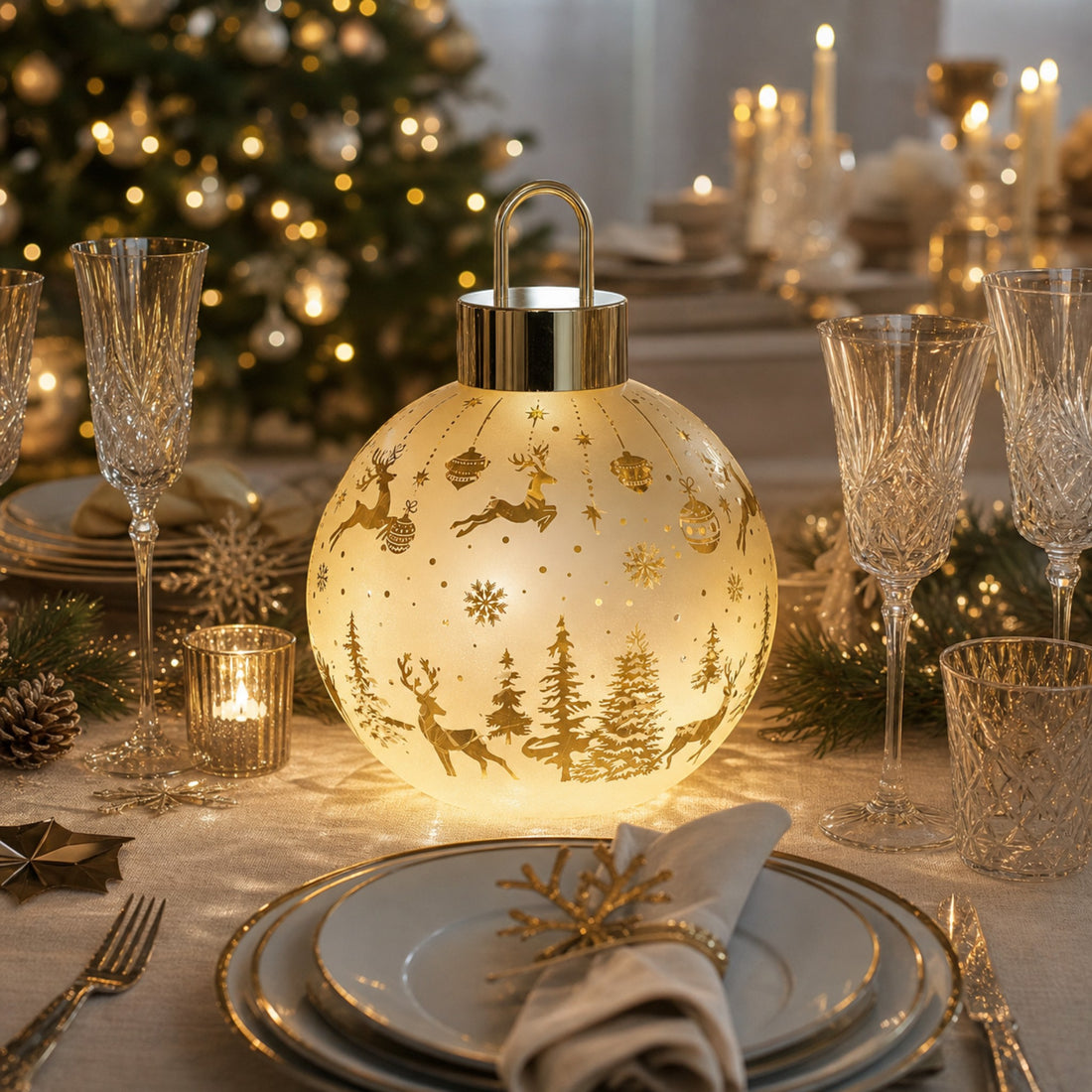 LED Christmas Scene Bauble Glass - Gold 21cm