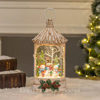 Birch-style lantern with glowing snowman scene, festive holiday decor for Christmas home styling