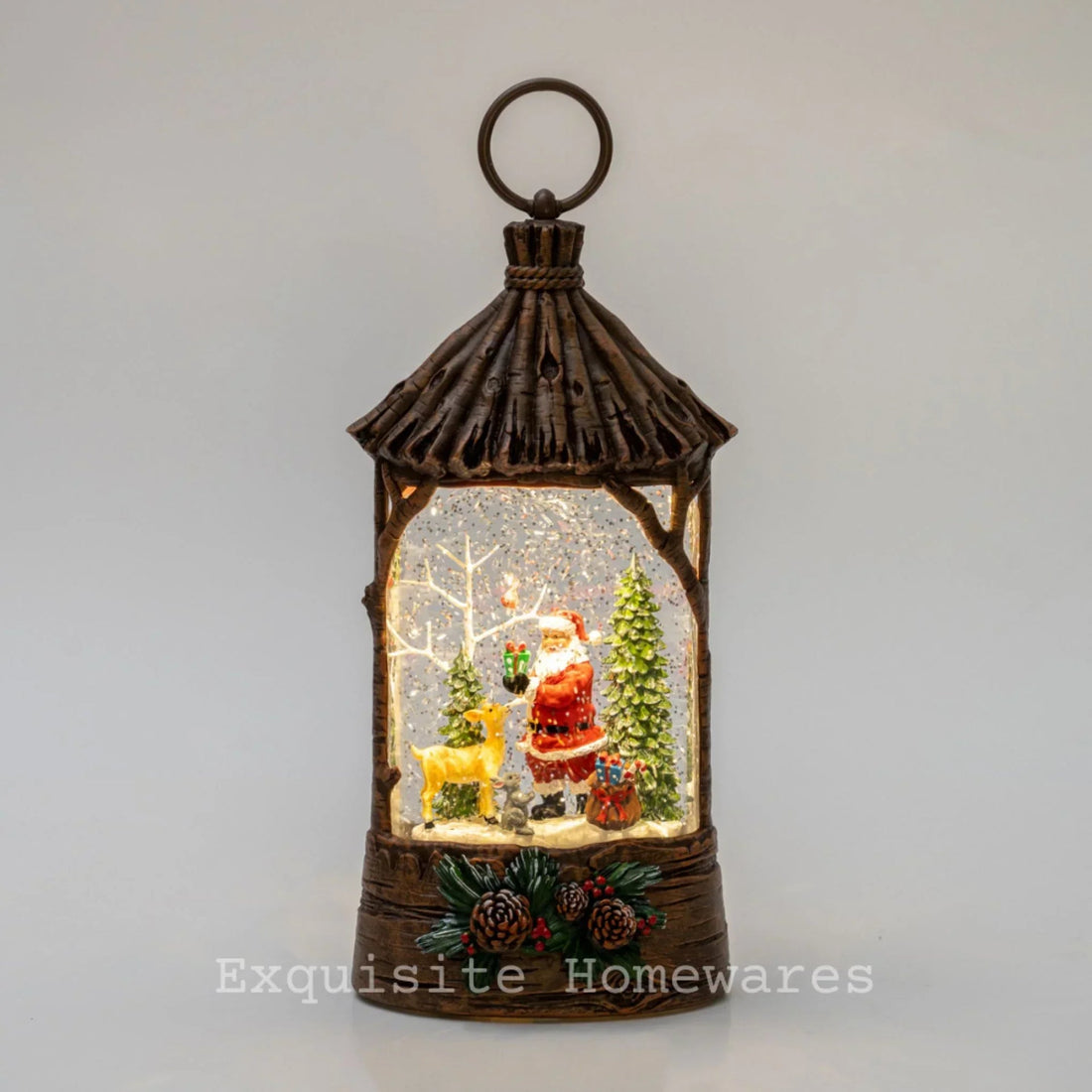 Rustic wooden lantern with Santa, reindeer, and snow globe scene, perfect for Christmas home decor