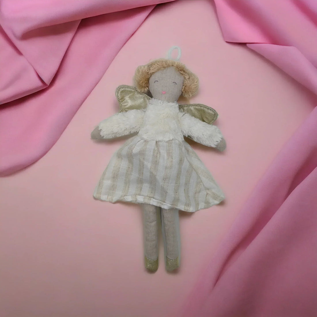 Soft angel doll with gold wings and striped dress, perfect for home décor or nursery accent.
