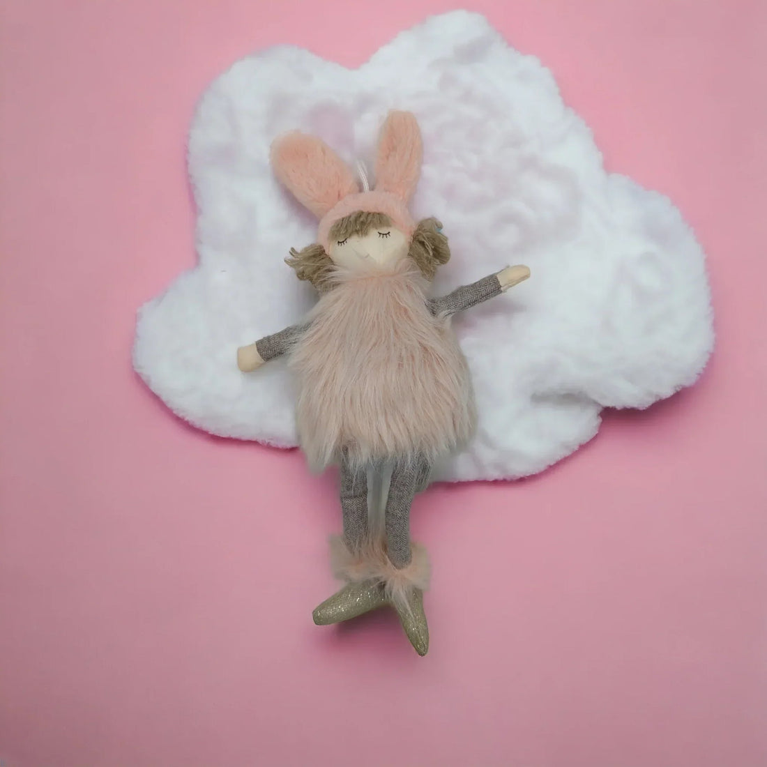 Pink bunny doll with fluffy cloud, soft home decor for nursery or child's room