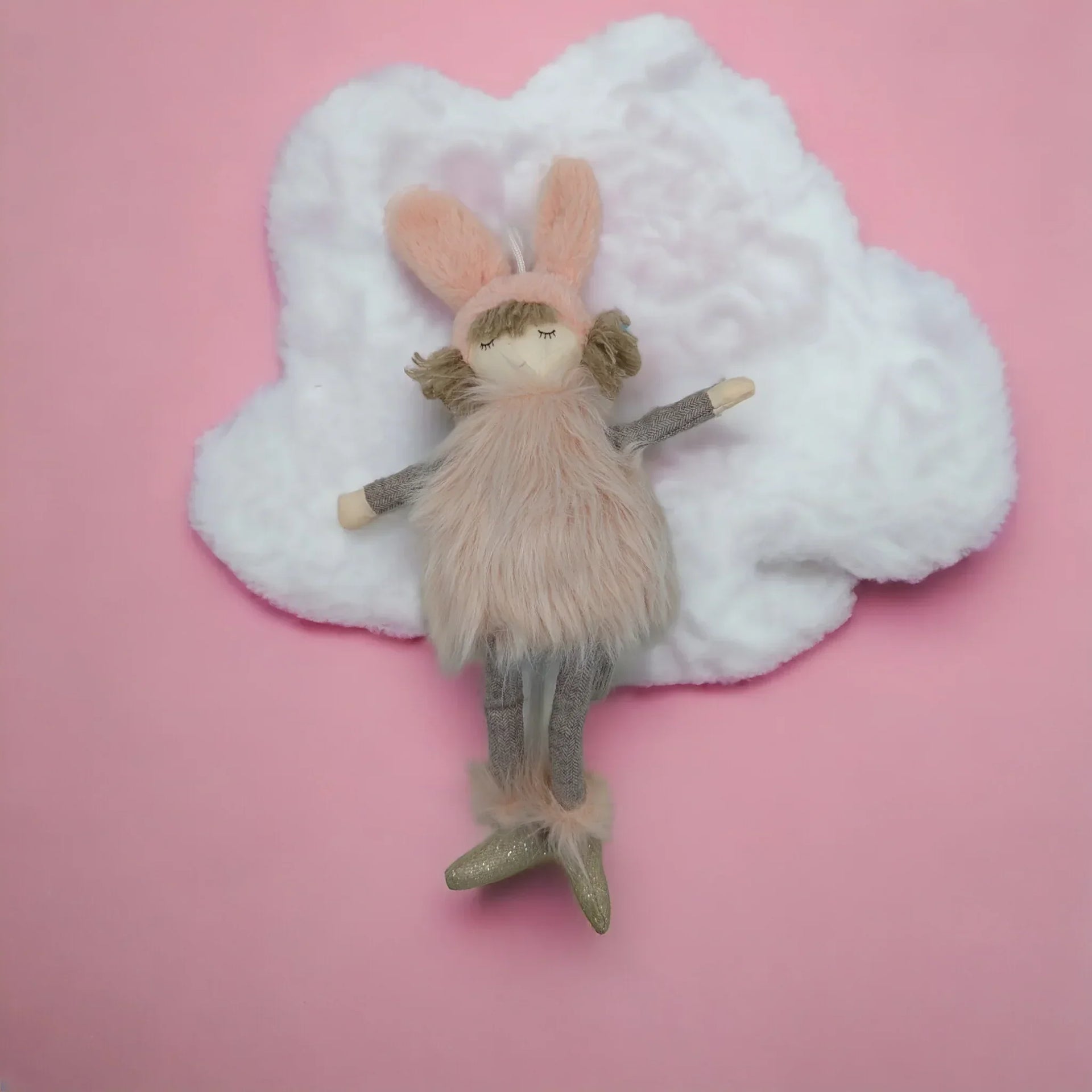 Pink bunny doll with fluffy cloud, soft home decor for nursery or child's room