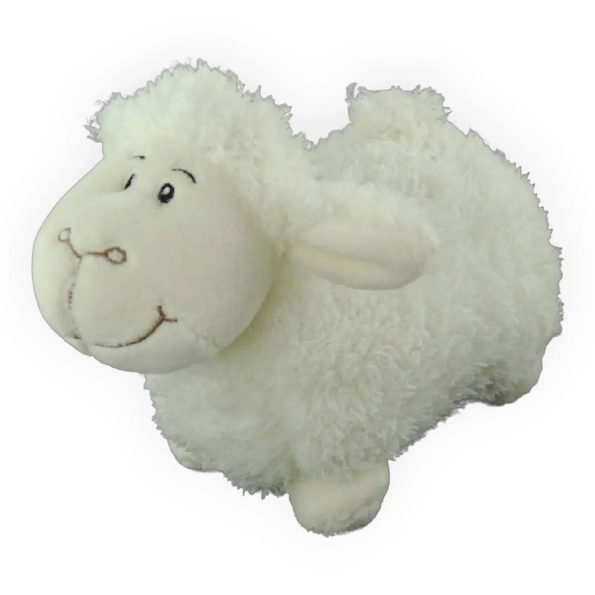 Soft white fluffy sheep plush toy with smiling face, perfect for nursery decor or child's room