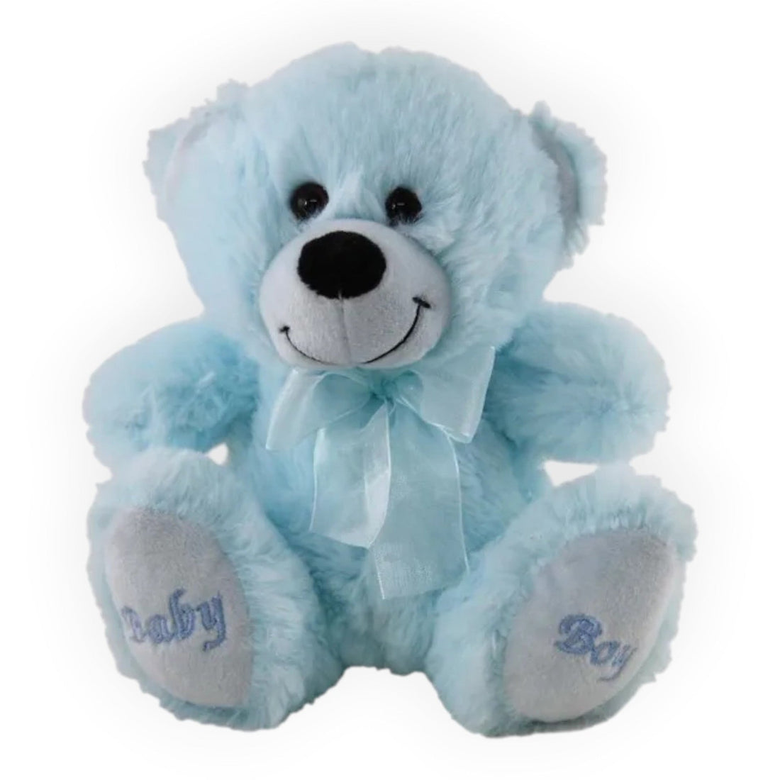 A light blue plush teddy bear with a white snout, black embroidered eyes and nose, a matching light blue satin bow, and 'Baby Boy' embroidered on its feet, set against a plain white background.